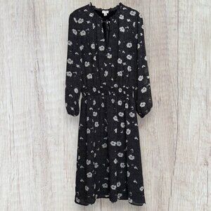 J CREW Factory Black White Tiny Dot Daisy Floral Print Smocked Waist Midi Dress